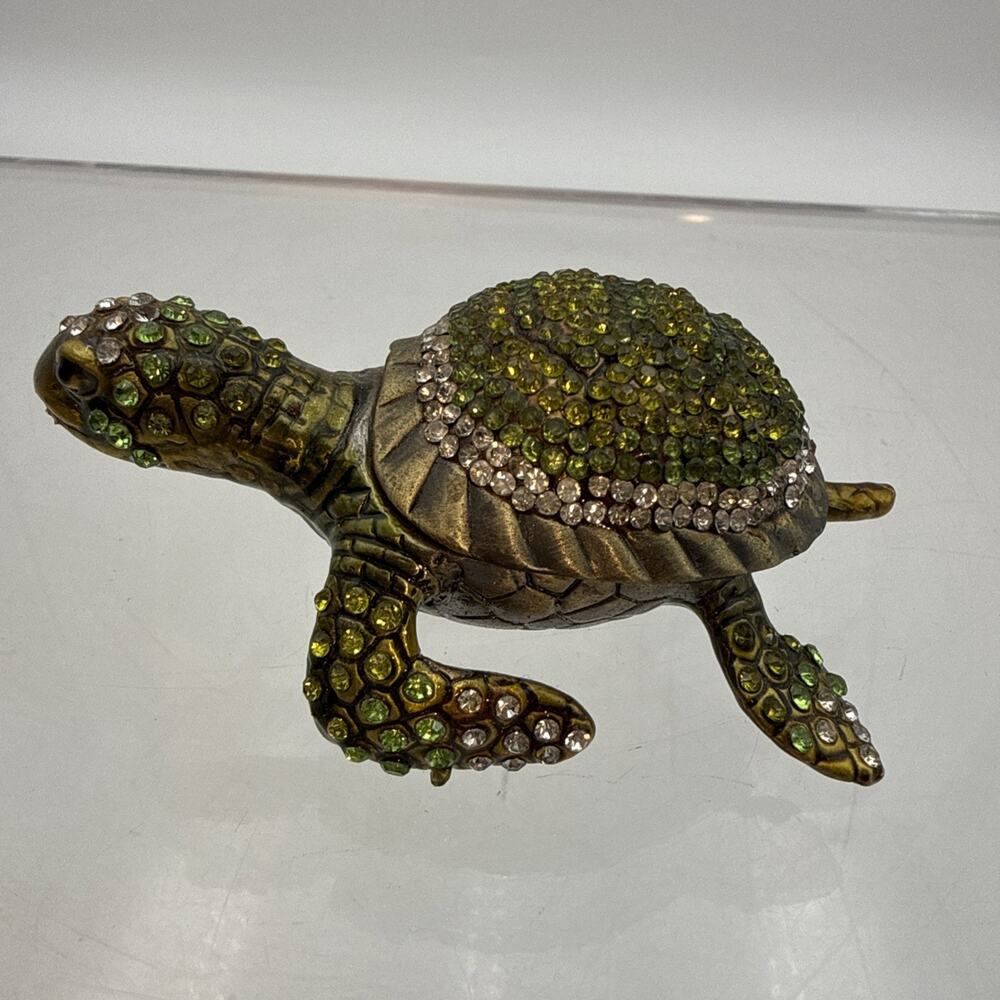 Green Sea Turtle Trinket Box Rhinestone Hinged Enamel Metal